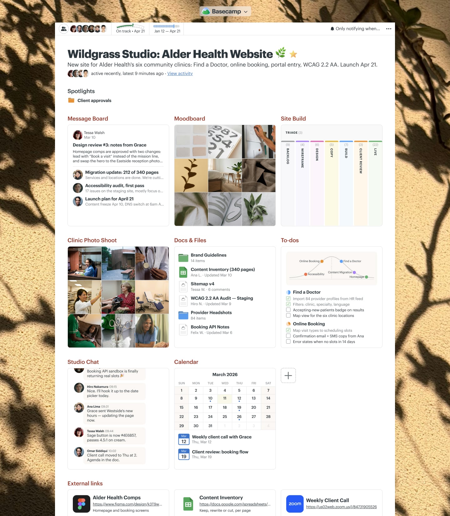 A website redesign project in Basecamp with a Message Board, Docs & Files, a Card Table, To-dos, a Calendar, and Chat