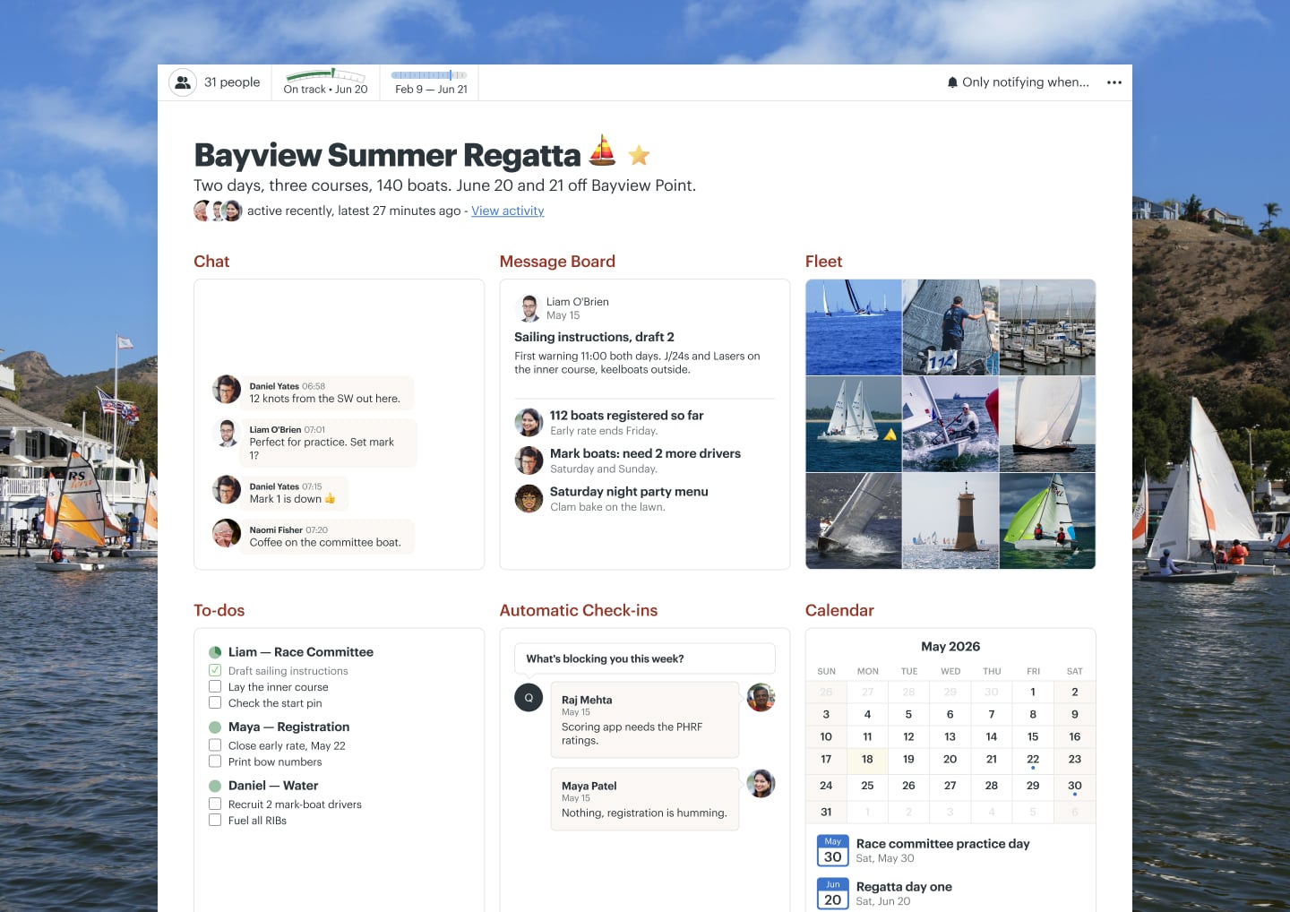 A sailing regatta project in Basecamp with a Message Board, Docs & Files, Chat, To-dos, and Email Forwards