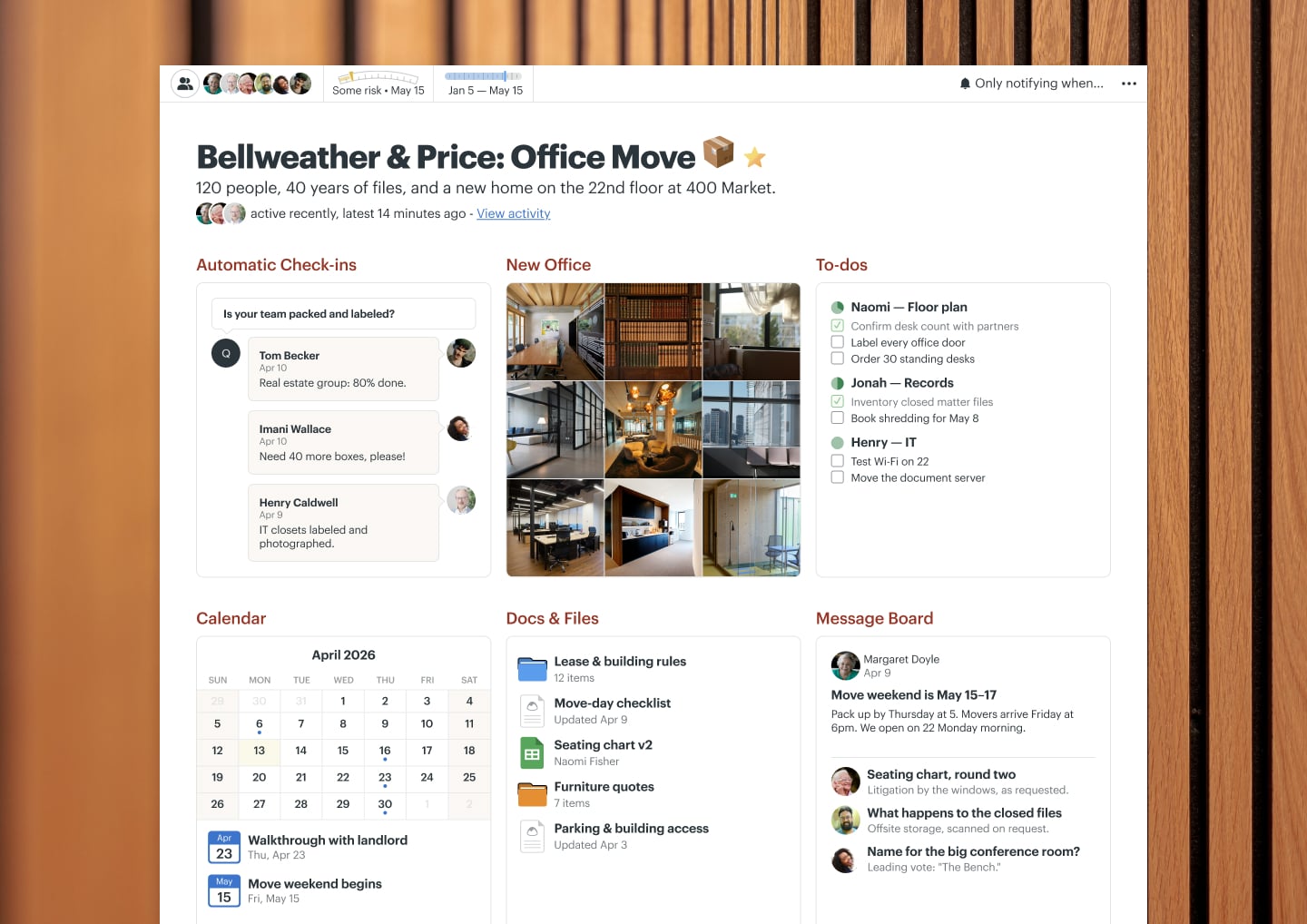 An office move project in Basecamp with a Message Board, Docs & Files, To-dos, a Calendar, and Automatic Check-ins