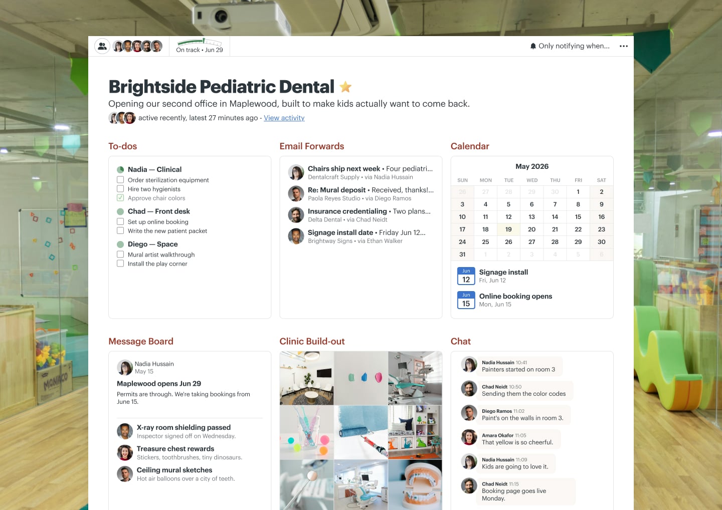 A new office build-out project in Basecamp with Docs & Files, a Message Board, Email Forwards, a Calendar, To-dos, and Chat