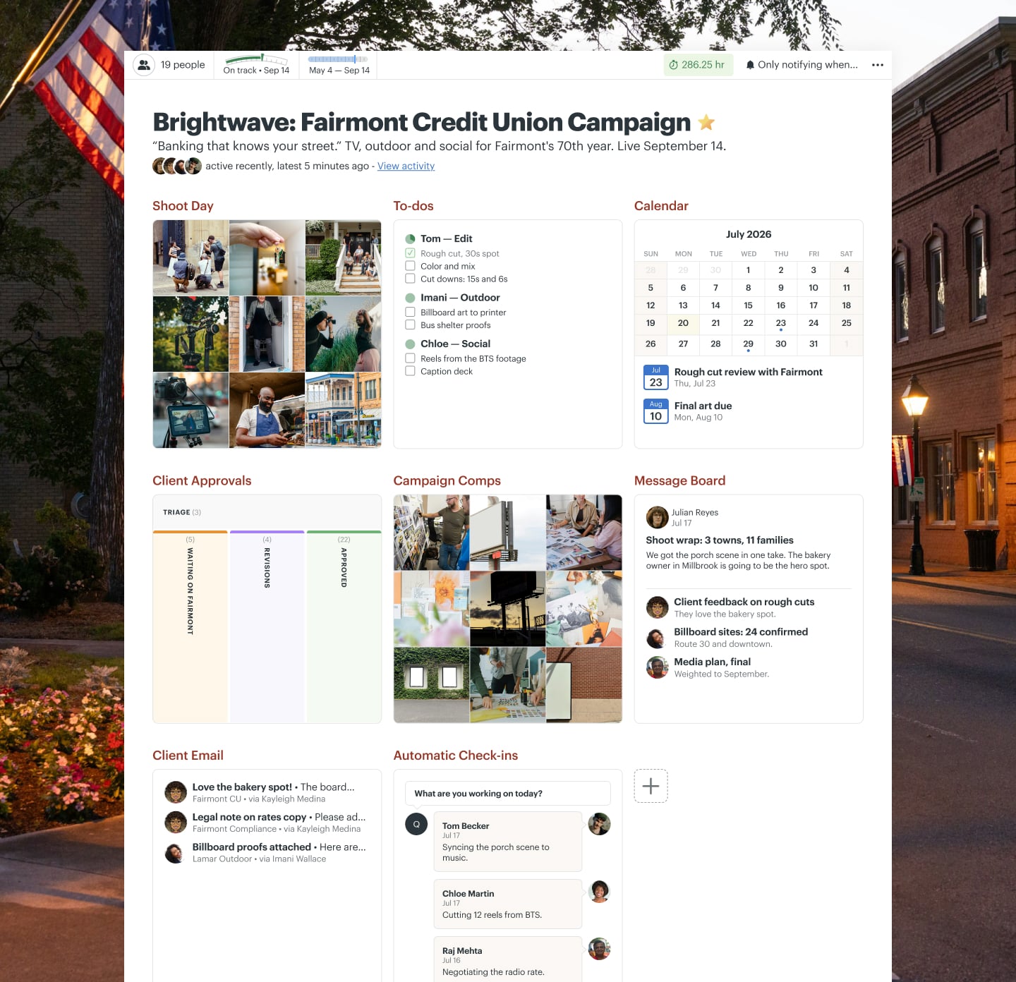 An ad campaign project in Basecamp with a Message Board, Docs & Files, a Card Table, To-dos, and Email Forwards