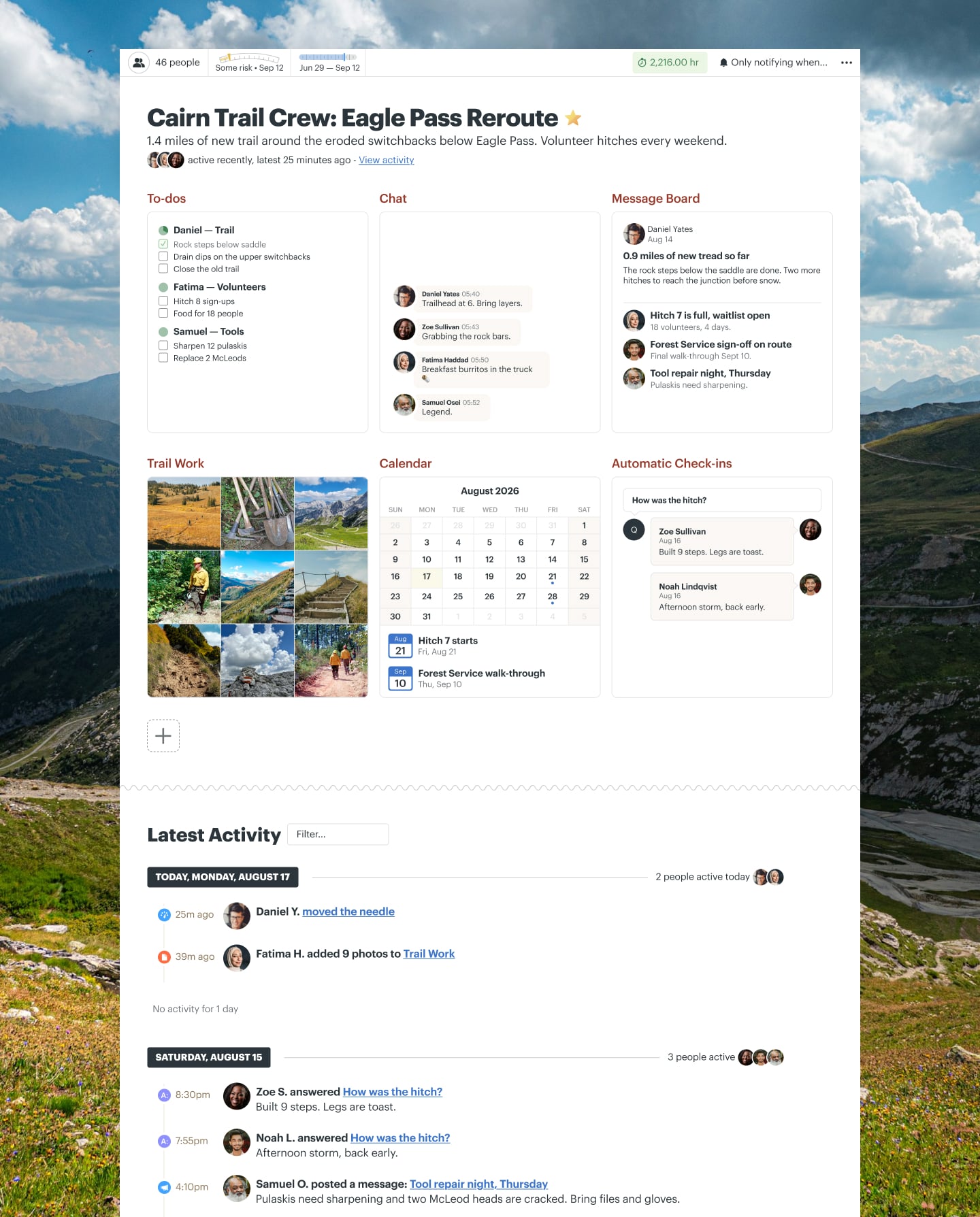 A trail building project in Basecamp with a Message Board, Docs & Files, To-dos, a Calendar, and Chat