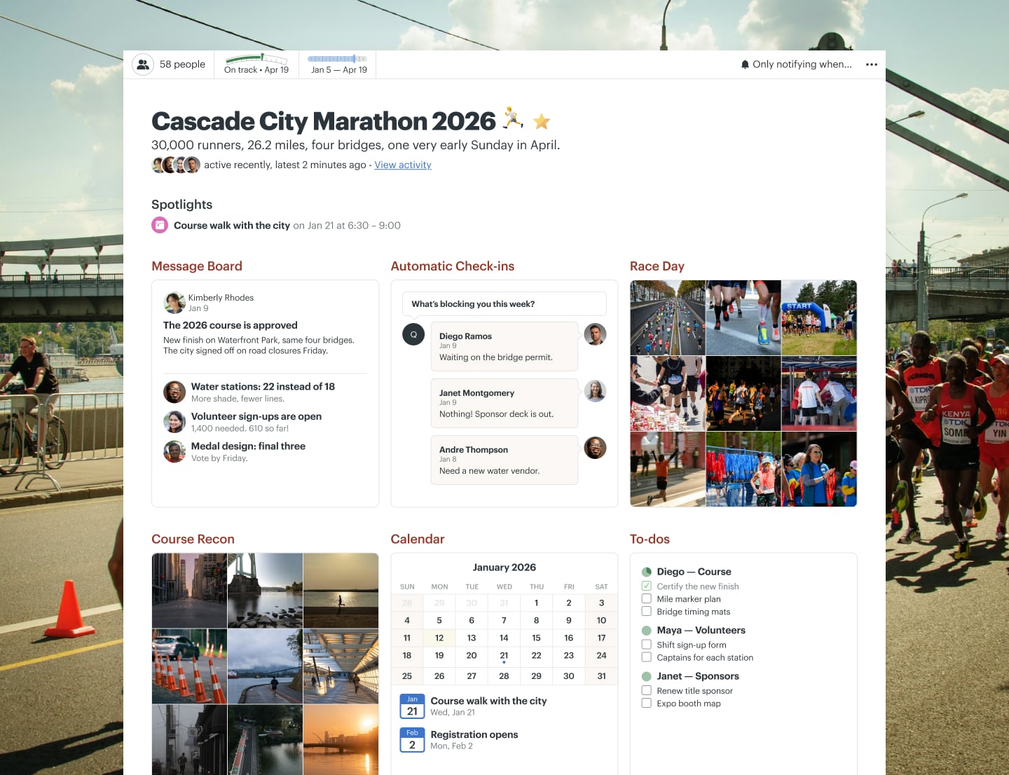 A marathon planning project in Basecamp with a Message Board, Docs & Files, To-dos, a Calendar, and Automatic Check-ins