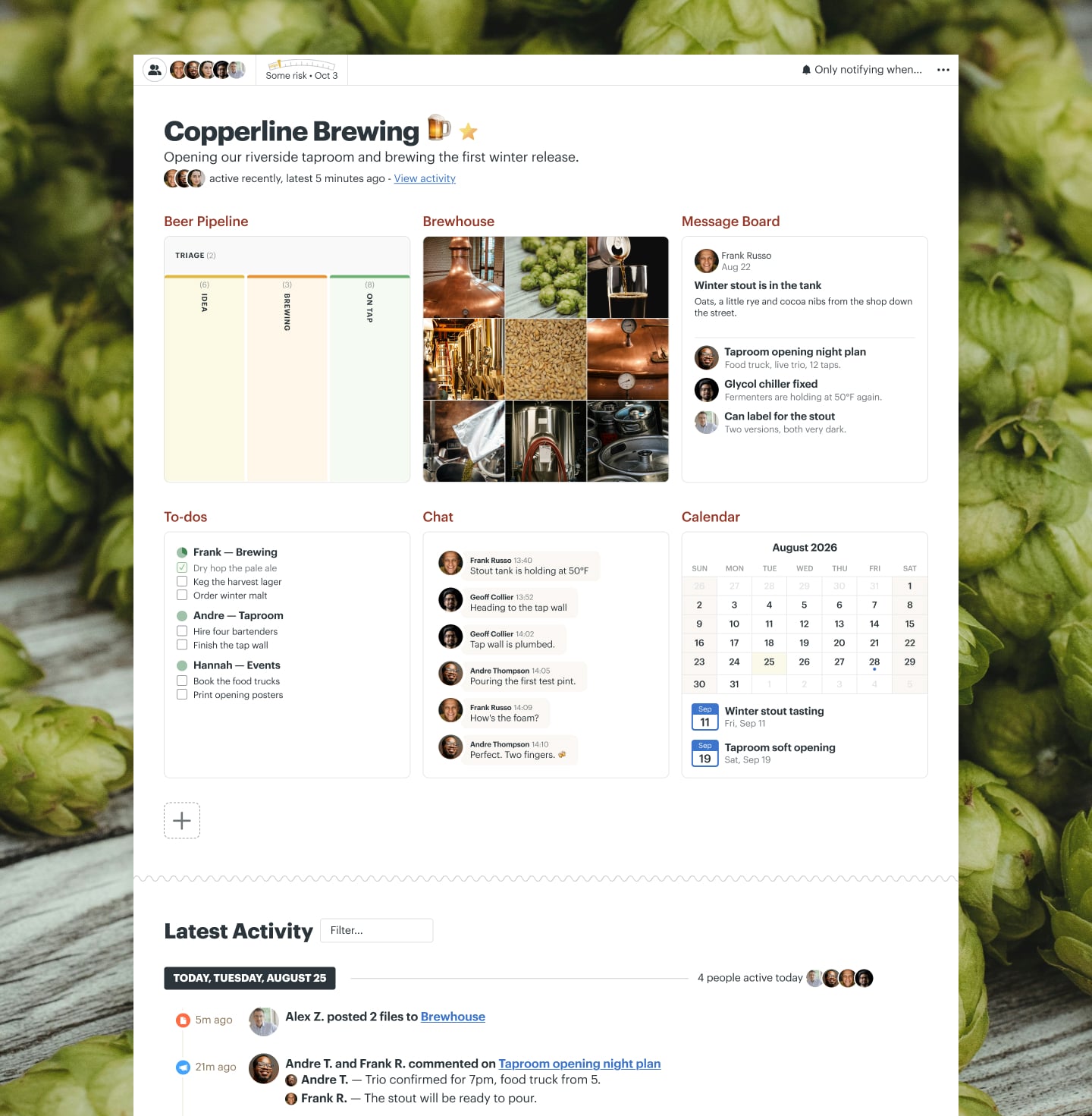 A taproom opening project in Basecamp with a Card Table, Docs & Files, a Message Board, To-dos, a Calendar, and Chat