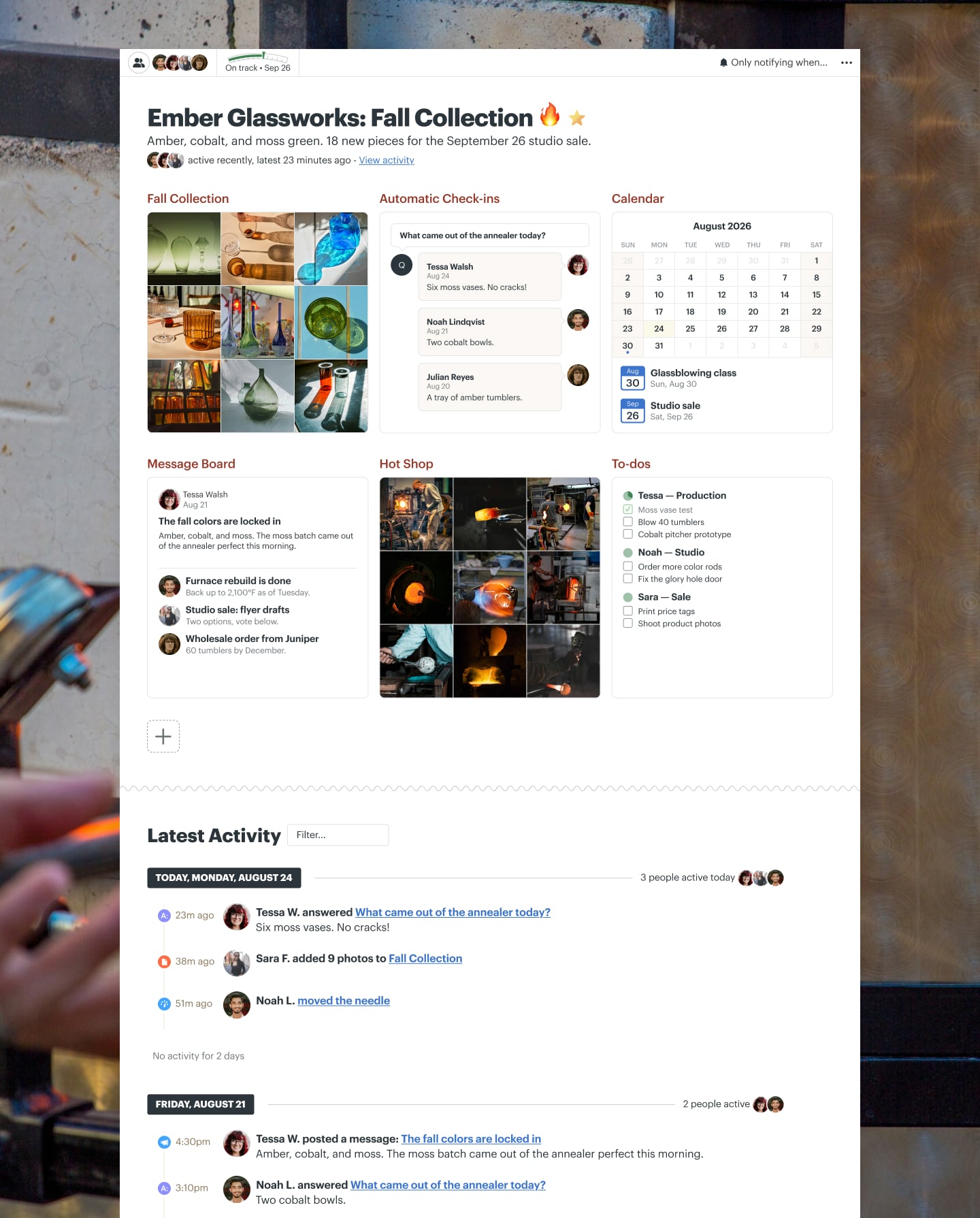 A glassware collection project in Basecamp with Docs & Files, a Message Board, a Calendar, To-dos, and Automatic Check-ins