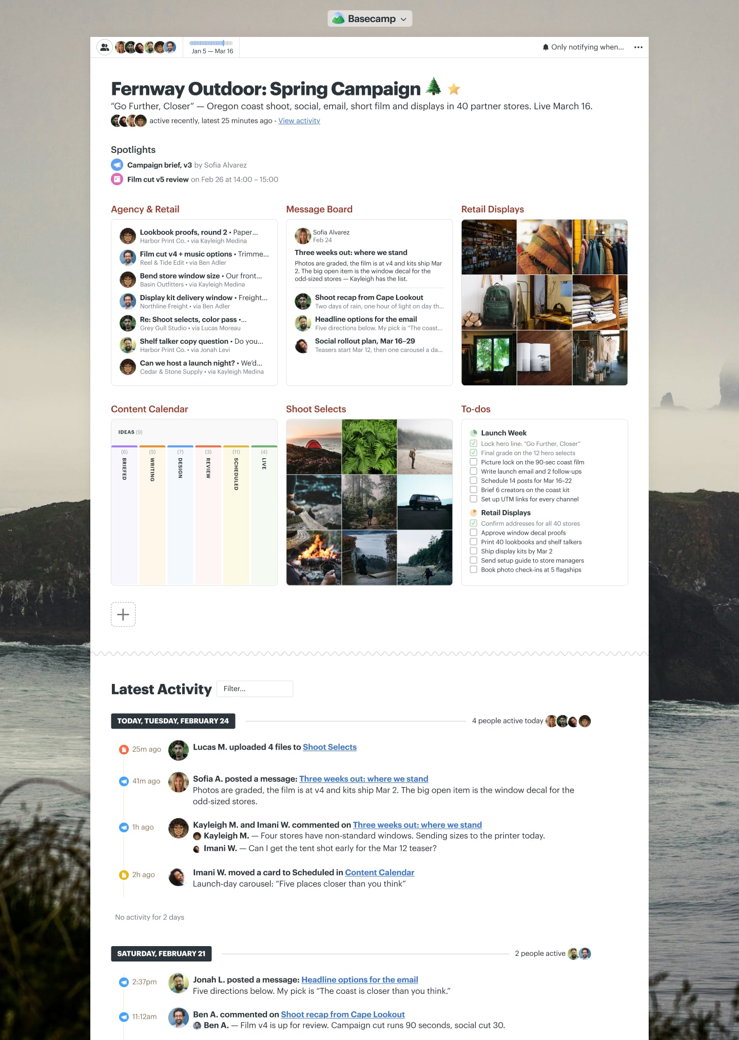 A seasonal campaign launch project in Basecamp with a Message Board, Docs & Files, a Card Table, To-dos, and Email Forwards