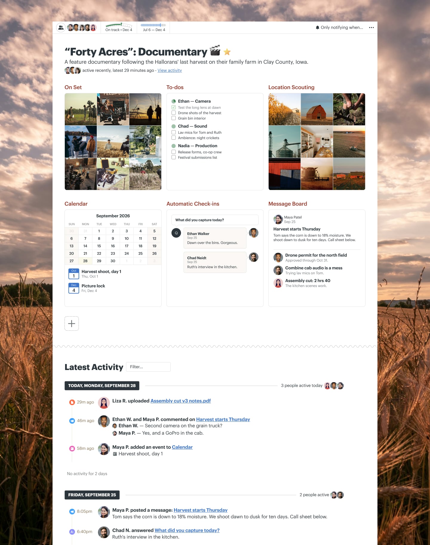 A farm documentary project in Basecamp with a Message Board, Docs & Files, To-dos, a Calendar, and Automatic Check-ins