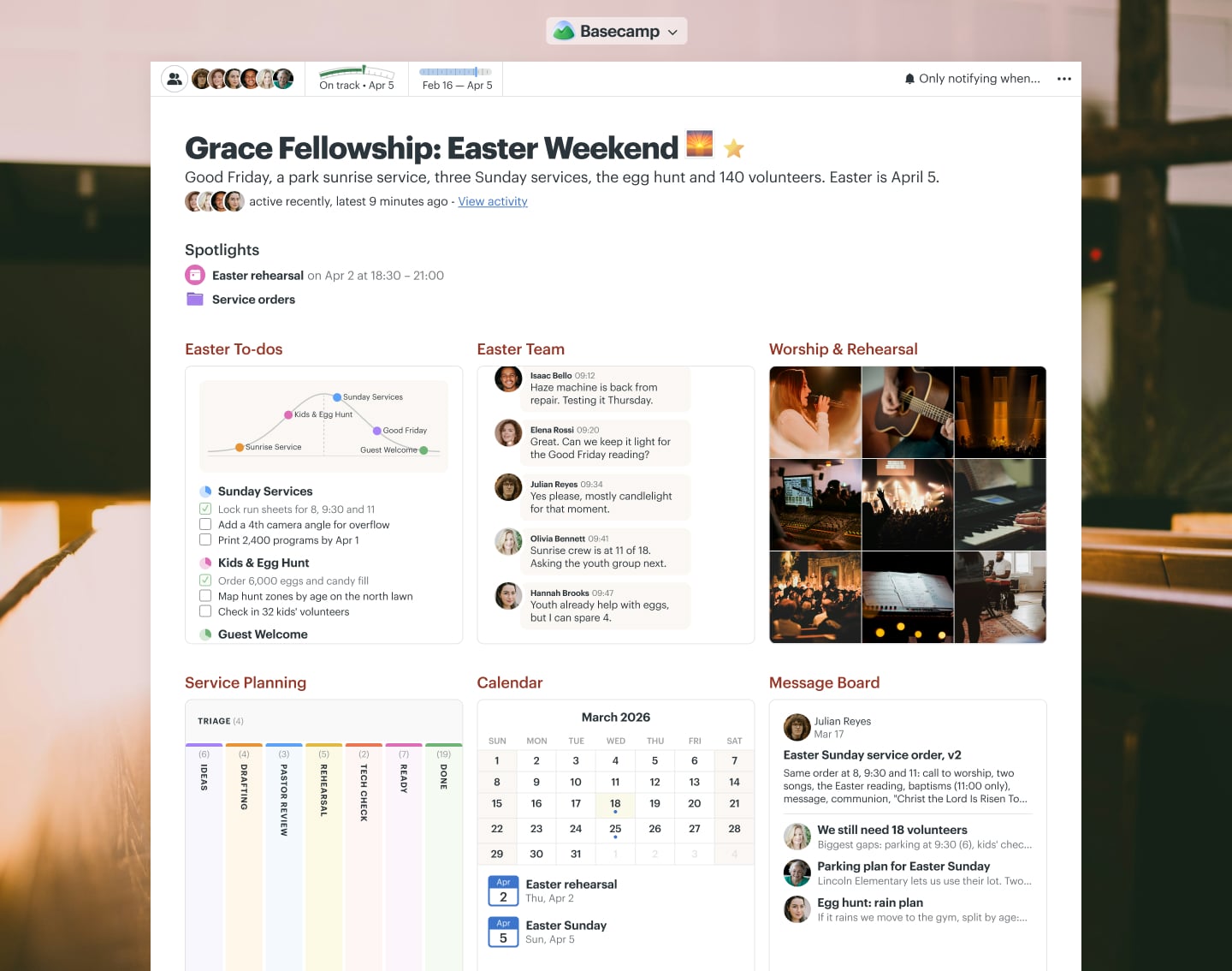 An Easter weekend planning project in Basecamp with a Message Board, a Card Table, To-dos, Docs & Files, a Calendar, and Chat
