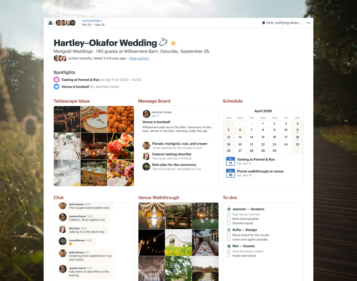 A wedding planning project in Basecamp with Docs & Files, a Message Board, a Schedule, To-dos, and Chat