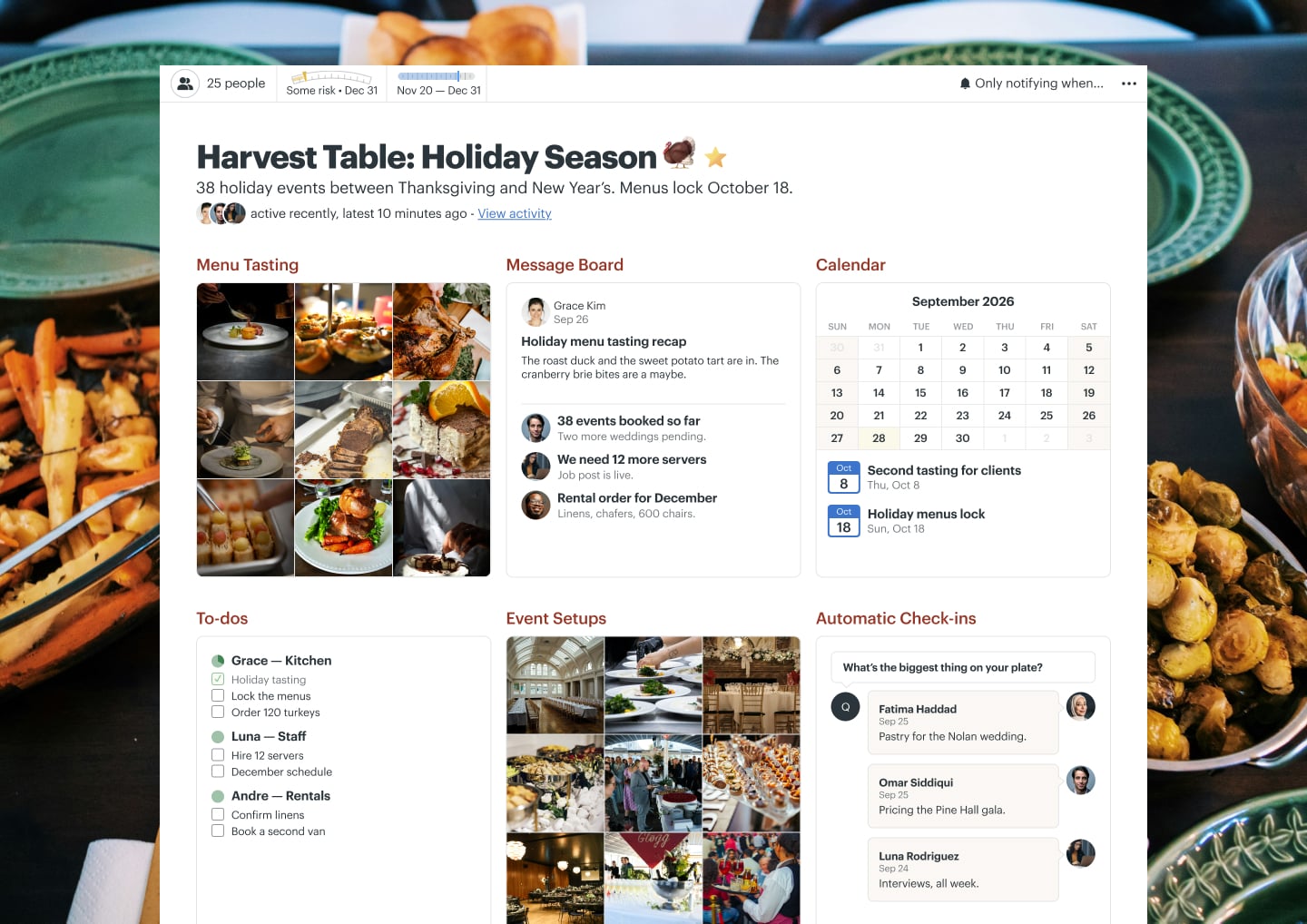 A holiday catering season project in Basecamp with Docs & Files, a Message Board, a Calendar, To-dos, and Automatic Check-ins
