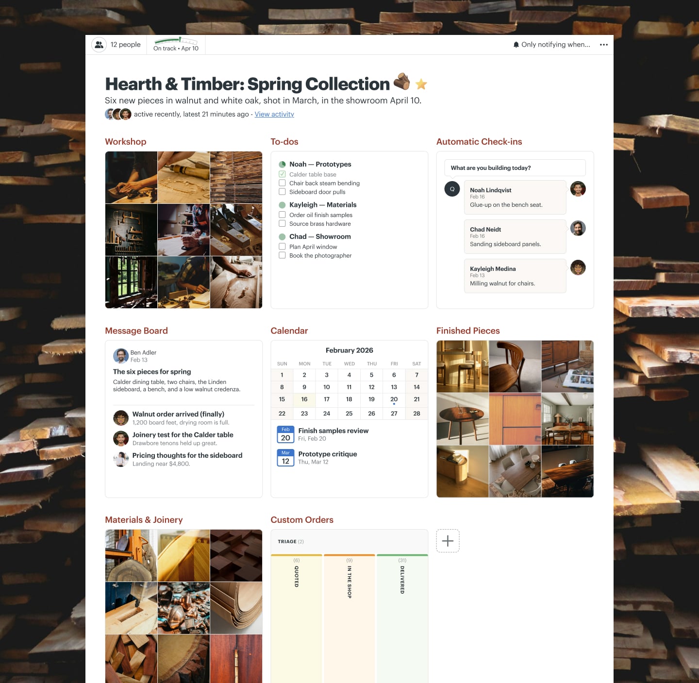 A furniture collection project in Basecamp with a Card Table, Docs & Files, a Message Board, a Calendar, and Automatic Check-ins