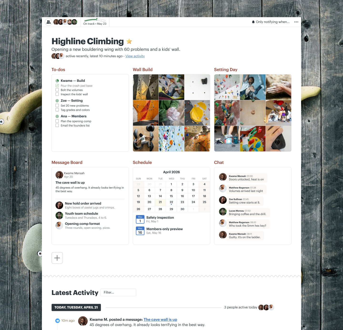 A climbing gym expansion project in Basecamp with Docs & Files, a Message Board, To-dos, a Schedule, and Chat