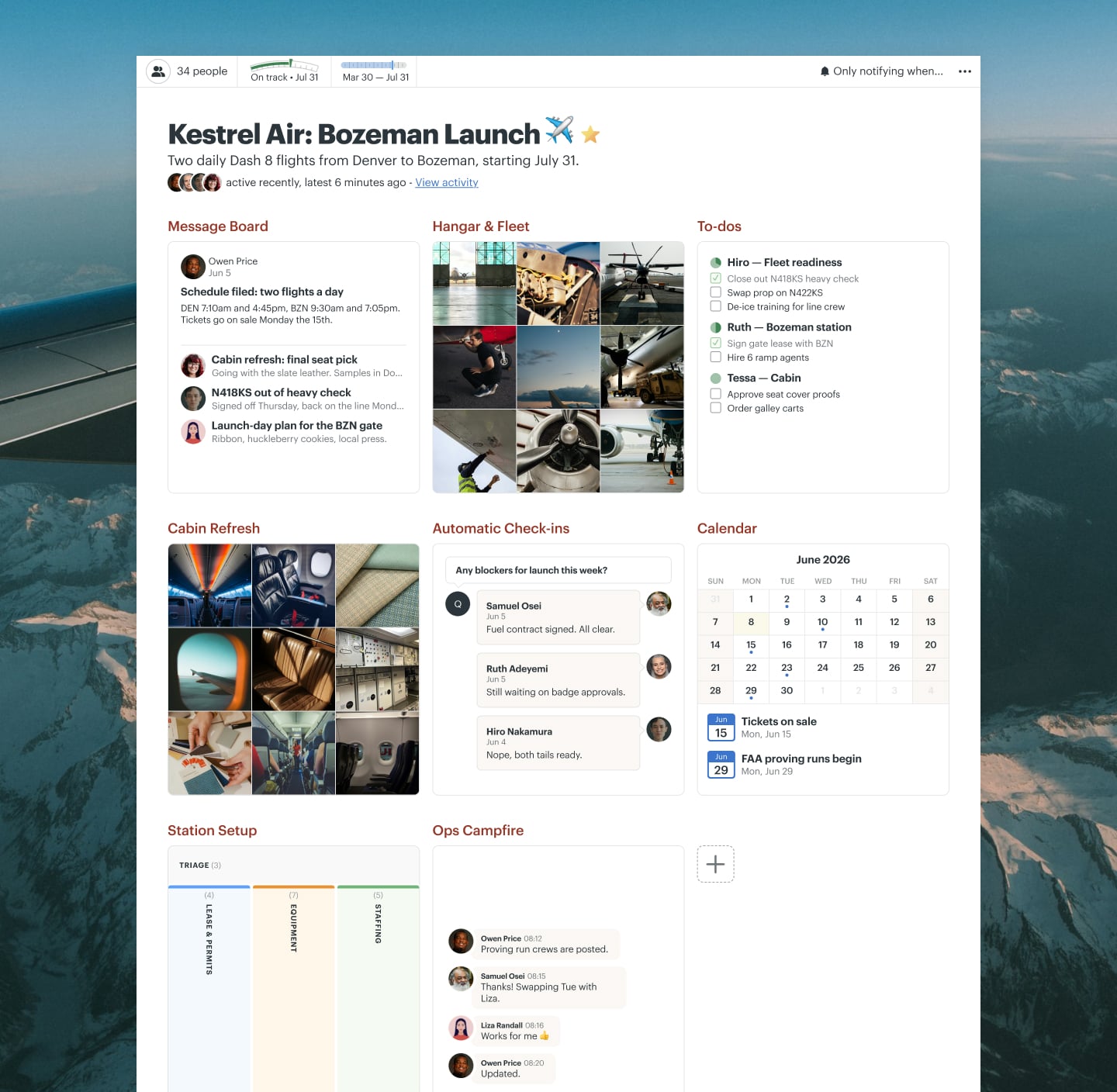 A new airline route project in Basecamp with a Card Table, Docs & Files, a Message Board, a Calendar, Automatic Check-ins, and Chat