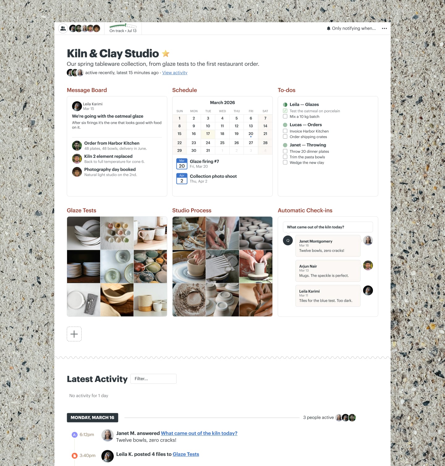 A new product line project in Basecamp with Docs & Files, a Message Board, a Schedule, To-dos, and Automatic Check-ins