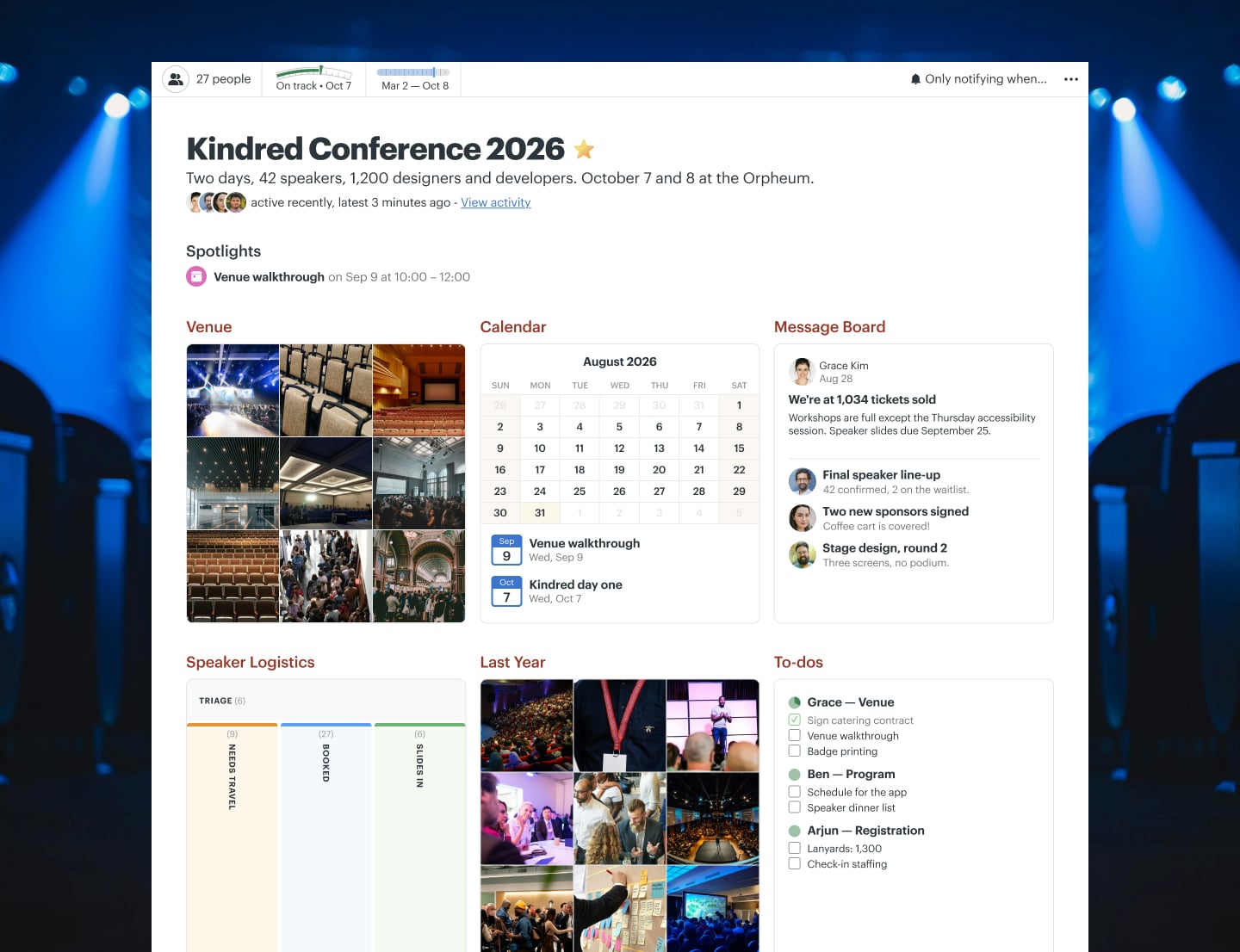 A design conference project in Basecamp with a Message Board, Docs & Files, a Card Table, To-dos, and a Calendar