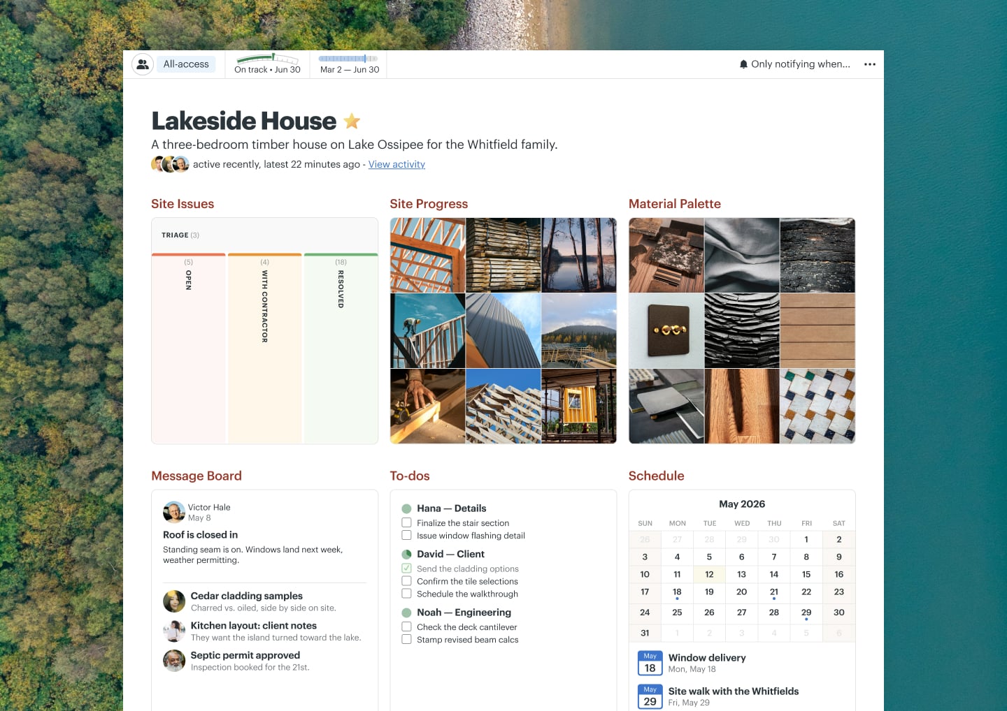 A custom home design project in Basecamp with a Card Table, Docs & Files, a Message Board, and a Schedule
