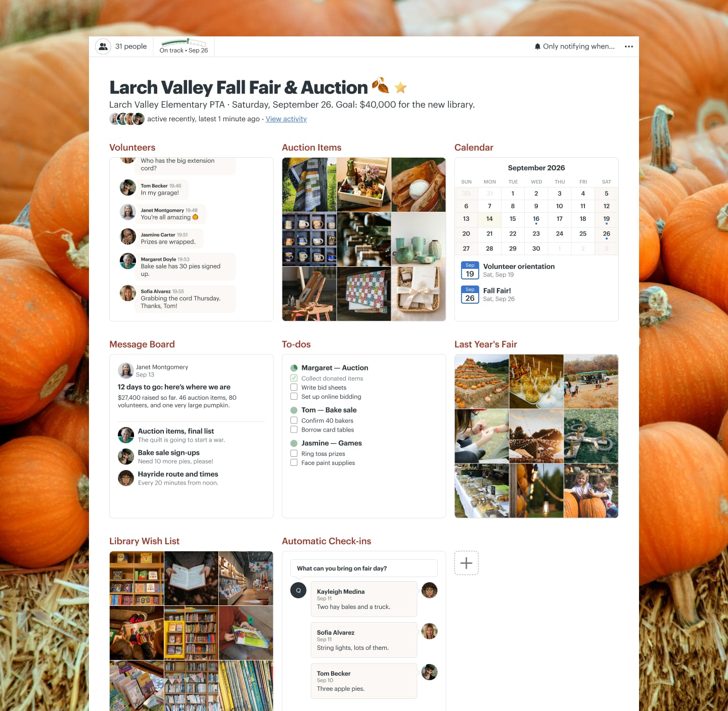 A school fundraiser project in Basecamp with a Calendar, Docs & Files, a Message Board, To-dos, Chat, and Automatic Check-ins