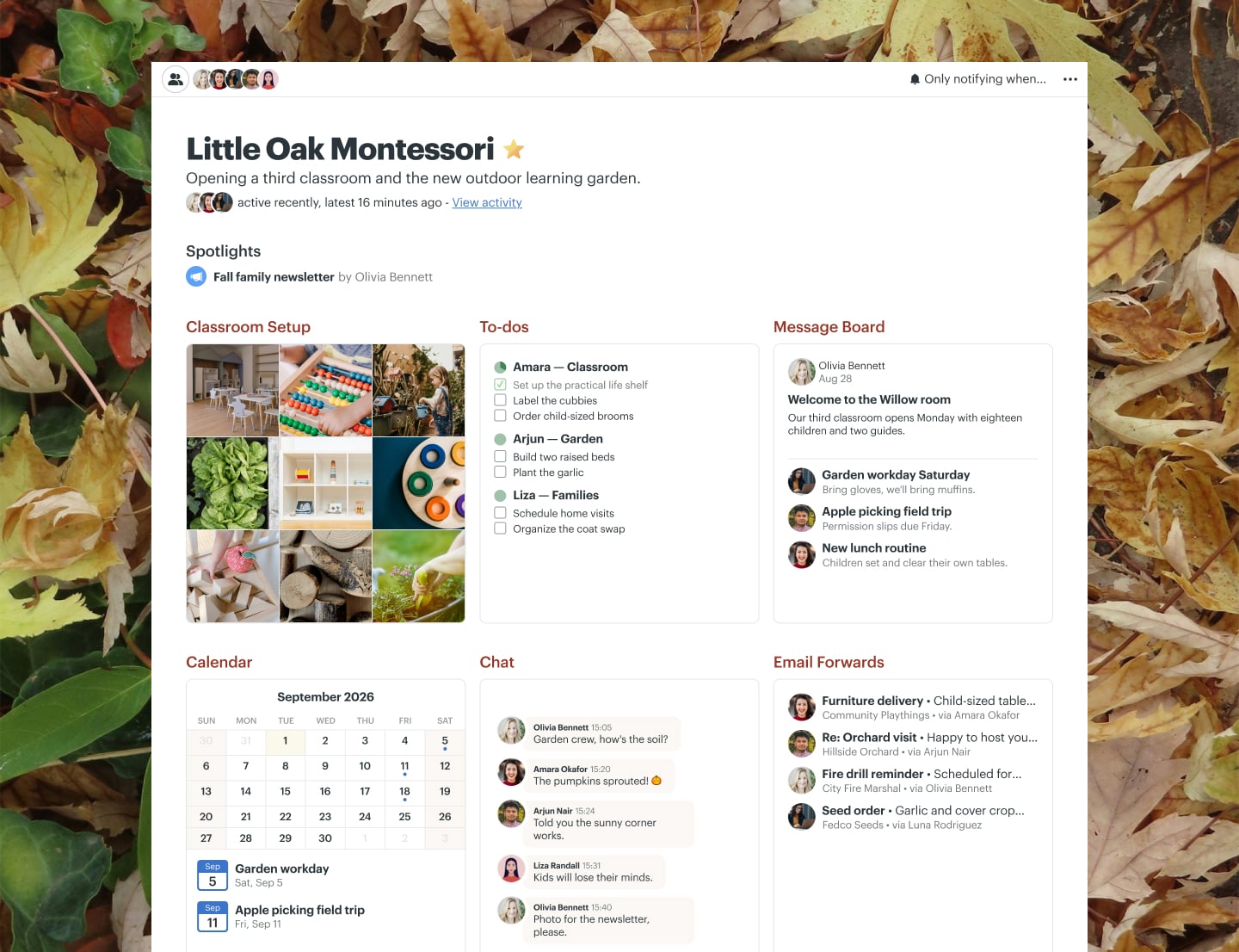 A classroom expansion project in Basecamp with Docs & Files, a Message Board, To-dos, a Calendar, and Email Forwards