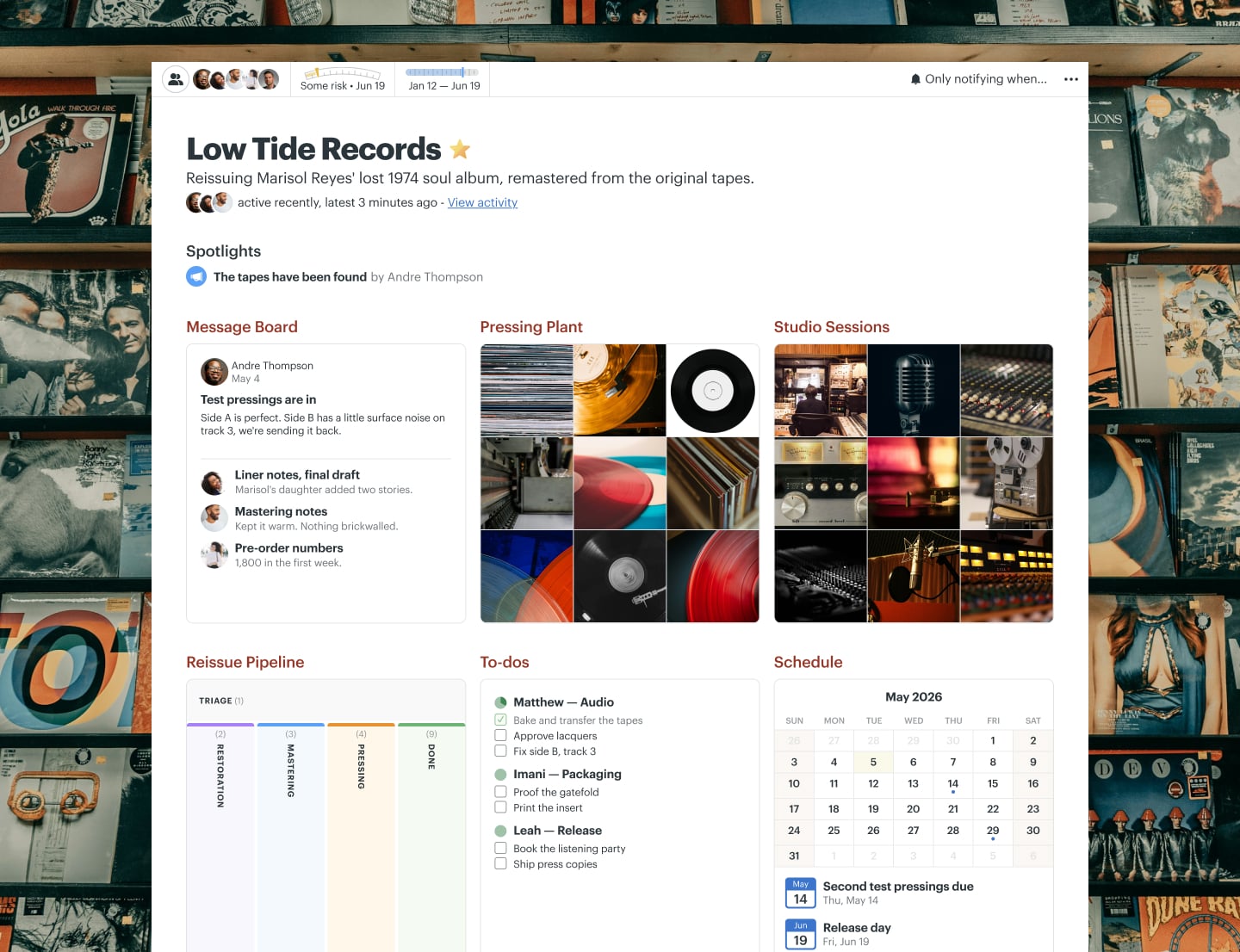 An album reissue project in Basecamp with a Card Table, Docs & Files, a Message Board, and a Schedule