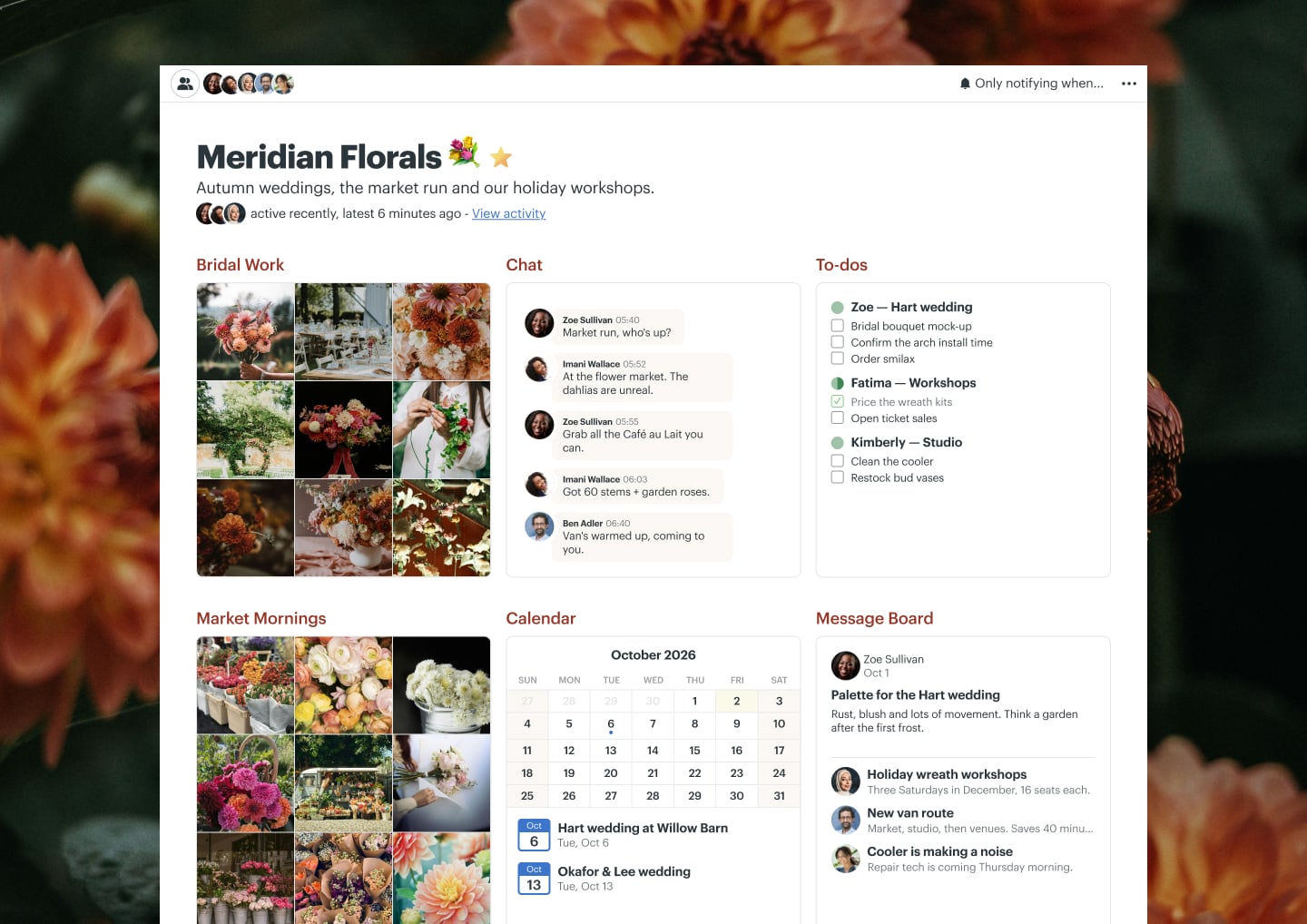 A florist wedding bookings project in Basecamp with a Message Board, a Calendar, Docs & Files, To-dos, and Chat