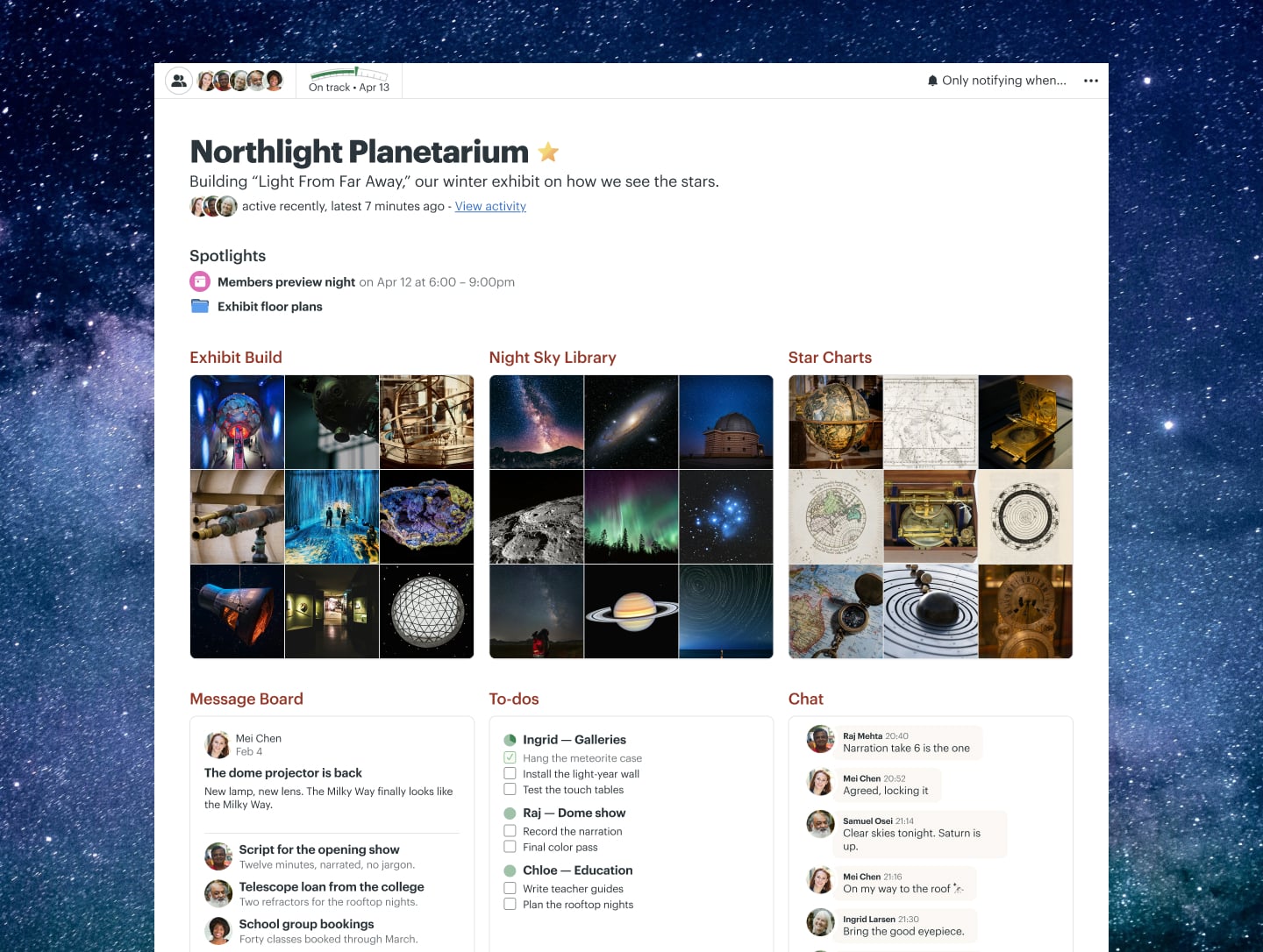 A museum exhibit project in Basecamp with Docs & Files, a Message Board, To-dos, and Chat