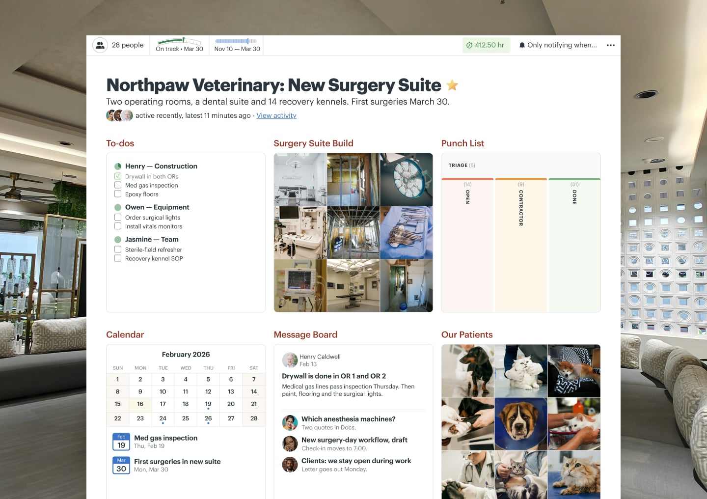 A surgery suite build project in Basecamp with Docs & Files, a Message Board, a Card Table, To-dos, and a Calendar
