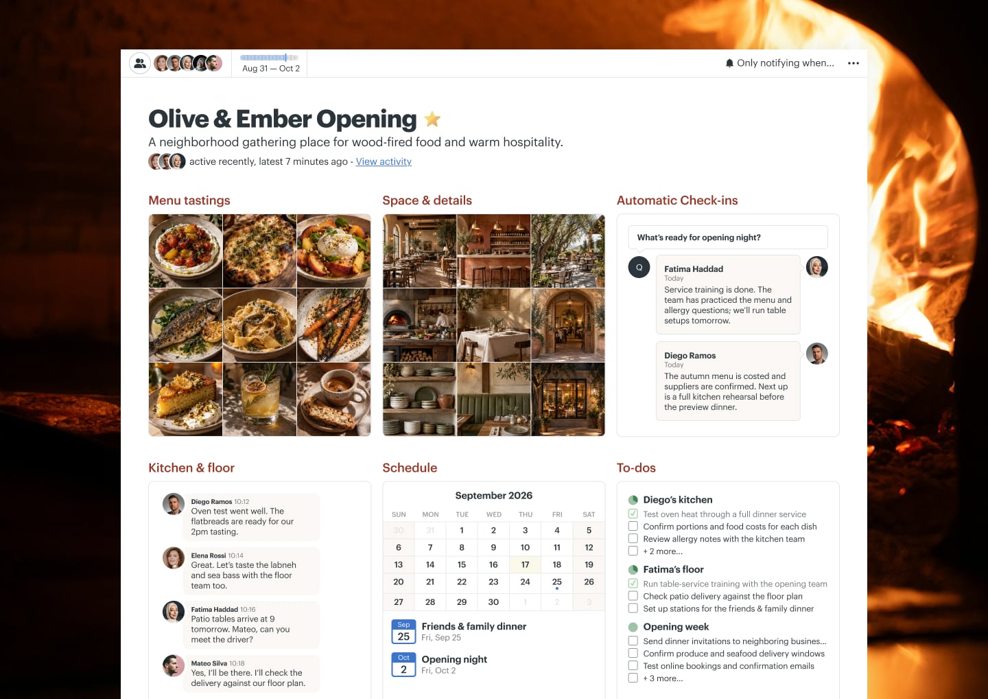 A restaurant opening project in Basecamp with Docs & Files, Chat, To-dos, a Schedule, and Automatic Check-ins