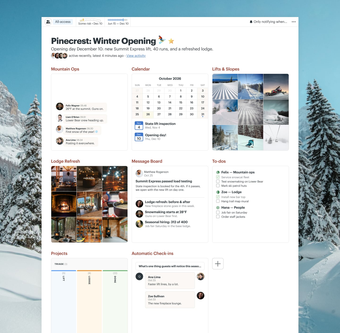 A ski season opening project in Basecamp with Chat, a Card Table, Docs & Files, a Message Board, a Calendar, and Automatic Check-ins