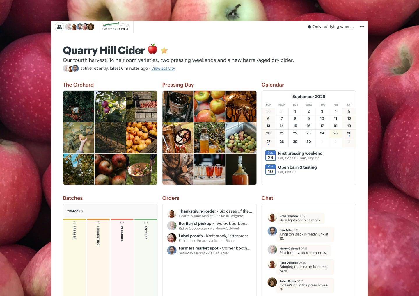 A cider harvest project in Basecamp with a Card Table, Docs & Files, Email Forwards, a Calendar, and Chat