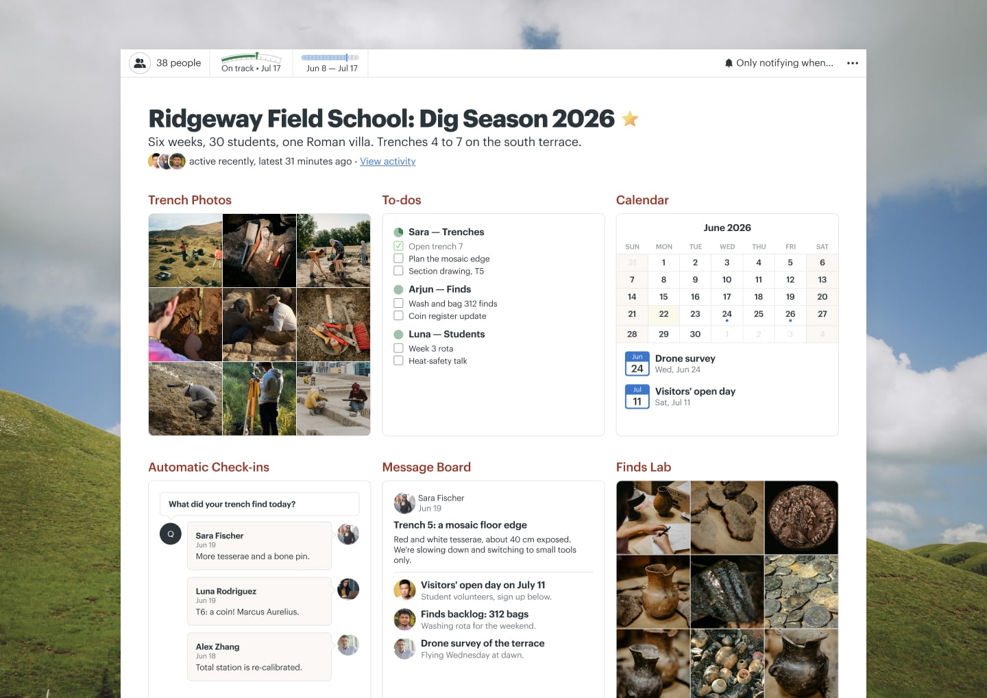 An archaeology dig project in Basecamp with a Message Board, Docs & Files, To-dos, a Calendar, and Automatic Check-ins