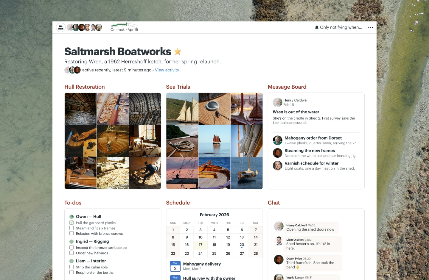A boat restoration project in Basecamp with Docs & Files, a Message Board, To-dos, and Chat