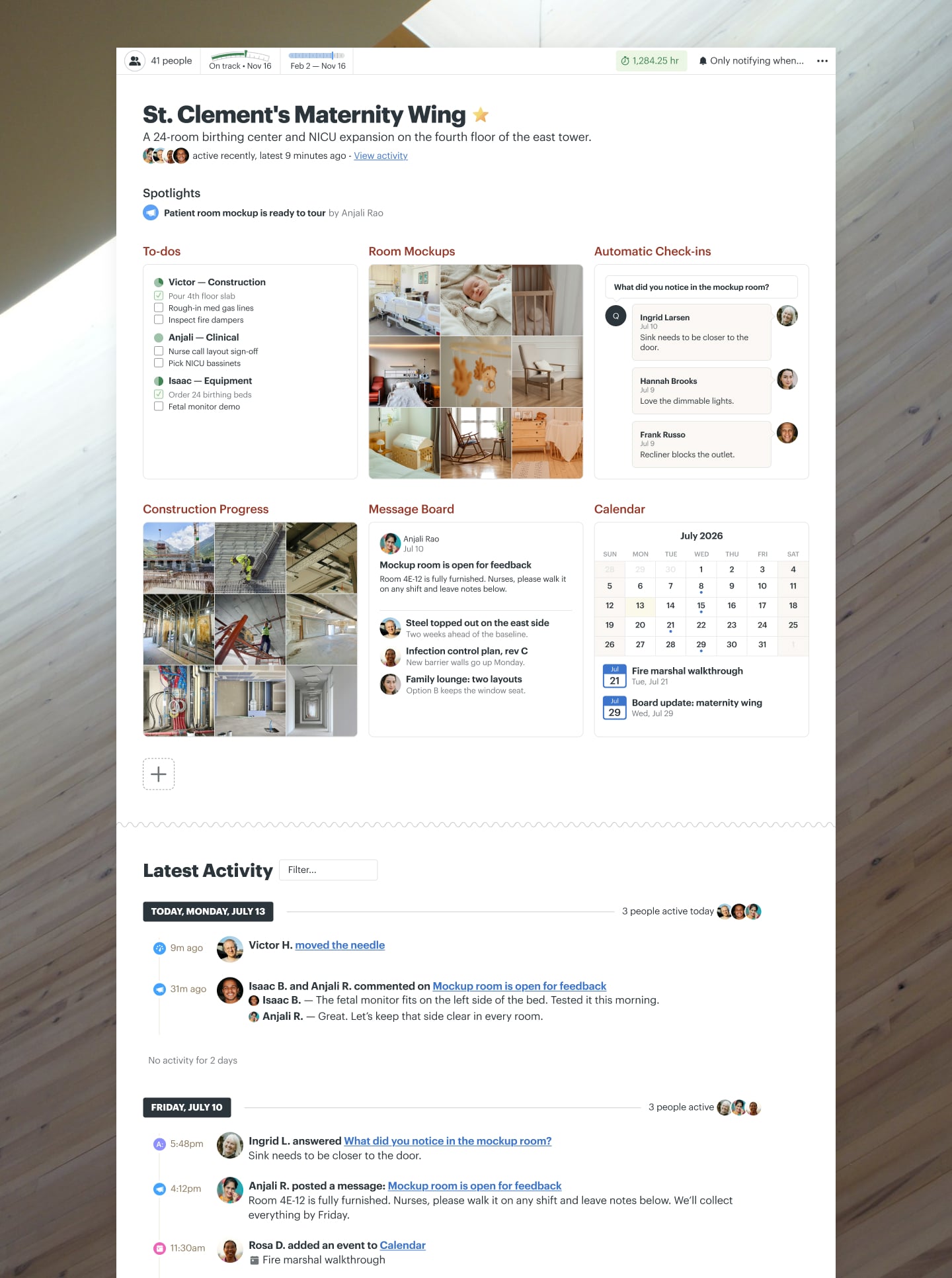 A hospital wing construction project in Basecamp with Docs & Files, a Message Board, To-dos, a Calendar, and Automatic Check-ins