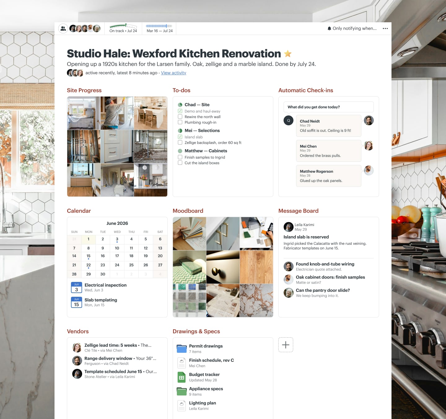A kitchen renovation project in Basecamp with Docs & Files, a Message Board, To-dos, a Calendar, and Email Forwards