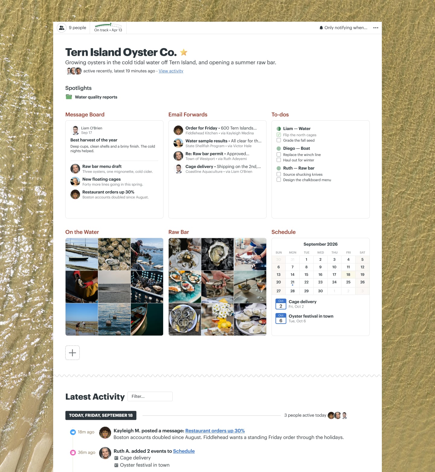 A seasonal pop-up restaurant project in Basecamp with Docs & Files, a Message Board, Email Forwards, To-dos, and a Schedule