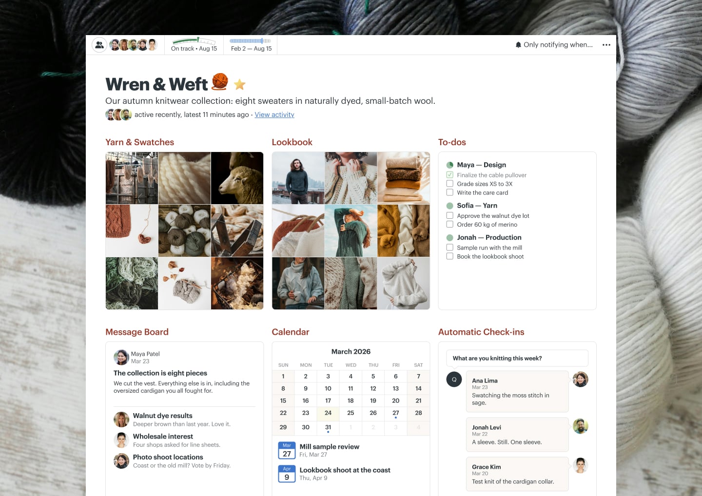 A knitwear collection project in Basecamp with Docs & Files, a Message Board, To-dos, a Calendar, and Automatic Check-ins